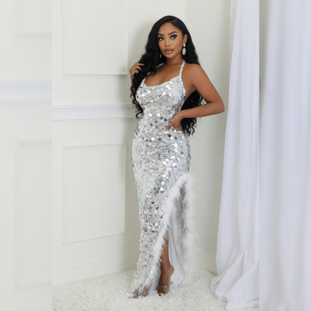 Silver Sequin Halter Fur Dress